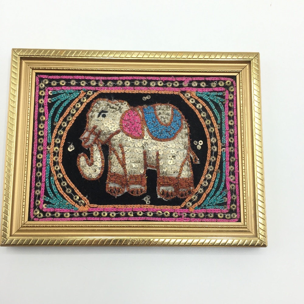 Indian Persian Sequin Elephant Framed Embroidered